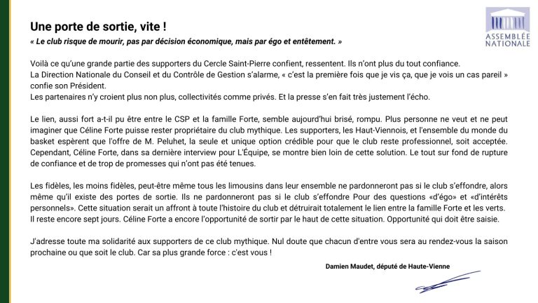 Message adressé aux supporters et à la direction du CSP, monument du basket français, menacé de relégation pour mauvaise gestion financière.