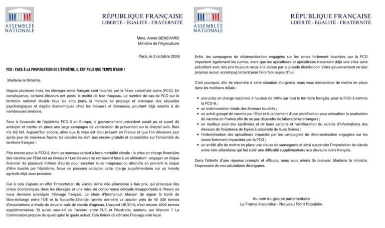Lettre à la ministre de l&rsquo;agriculture pour les vaccins ovins