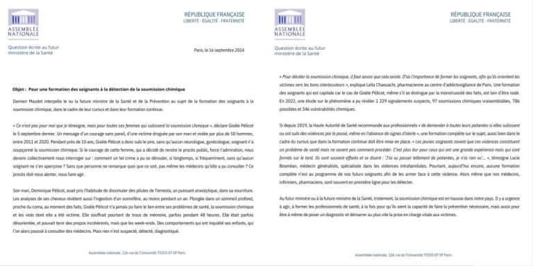 Question écrite à la ministre de la santé sur la soumission chimique