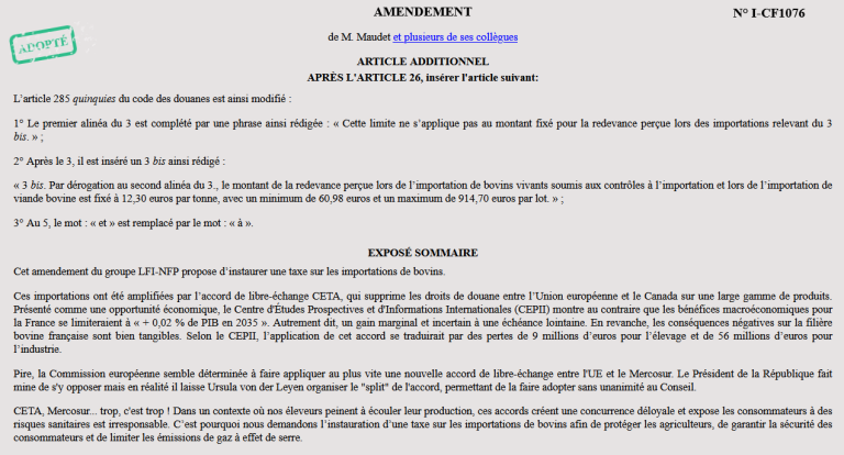 Nous faisons voter une taxe sur l&rsquo;importation des bovins !