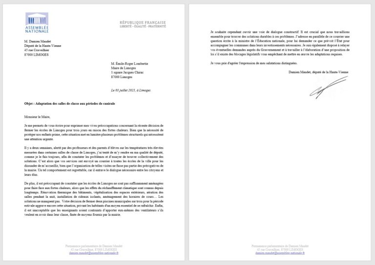 Mon courrier au Maire de Limoges sur l&rsquo;adaptation des salles de classe en période de canicule